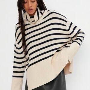 GAP Navy Cream Striped Turtleneck Sweater Oversized Tunic Slit Hem Large